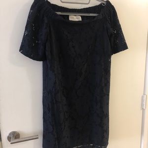 Off the shoulder navy lace dress